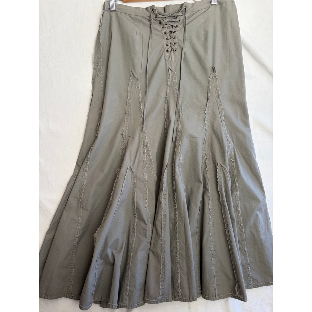 Boho Cabi Olive Gray Cotton Lace Up Back Raw Edge Seam Flared Maxi Skirt XS 450